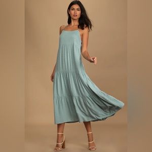 Lulus Flowy Feelings Blue Swiss Dot Tiered Midi Dress